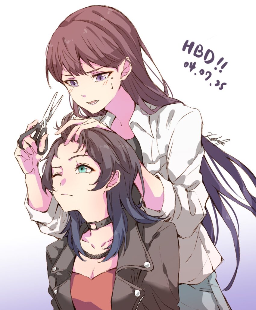 2girls aiiro_bokujuu bang_dream! bang_dream!_it&#039;s_mygo!!!!! black_choker black_hair black_jacket blush brown_hair choker closed_mouth commentary cutting_hair dated gradient_background green_eyes happy_birthday highres holding holding_scissors jacket jewelry long_hair lower_teeth_only medium_hair mole mole_under_eye multiple_girls necklace o-ring o-ring_choker open_mouth purple_background purple_eyes red_shirt scissors shiina_taki shirt sweat symbol-only_commentary teeth three-quarter_sleeves white_jacket yahata_umiri