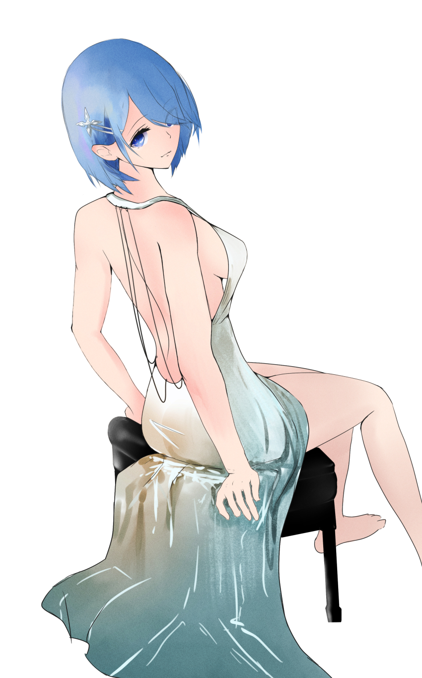 1girl absurdres alternate_costume aqua_dress azur_lane bare_back beefusteku blue_eyes blue_hair breasts chair chapayev_(azur_lane) closed_mouth commentary dress english_commentary feet_out_of_frame from_side hair_ornament hair_over_one_eye hairclip highres legs looking_at_viewer looking_back medium_breasts medium_hair sideboob sitting solo white_background white_dress