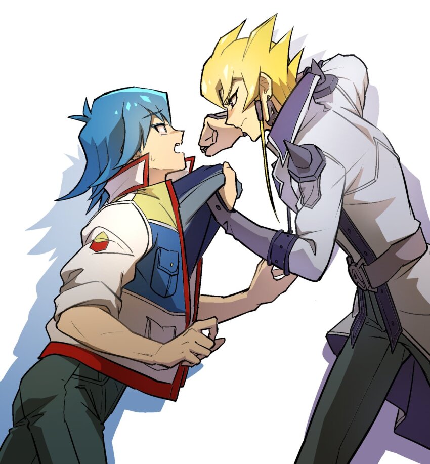 2boys angry belt black_pants blonde_hair blue_hair blue_shirt bruno_(yu-gi-oh!) clothes_grab coat earrings elbow_gloves facing_to_the_side fighting floating_earrings gloves hands_up highres imminent_fight imminent_injury jack_atlas jacket jewelry male_focus multiple_boys open_clothes open_jacket pants raised_fist scared shirt short_hair short_hair_with_long_locks shoulder_spikes simple_background sleeves_rolled_up spikes sweatdrop t-shirt white_background white_coat youko-shima yu-gi-oh! yu-gi-oh!_5d&#039;s
