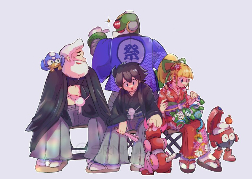 1girl 3boys auto_(mega_man) beat_(mega_man) blonde_hair blue_eyes brown_hair eddie_(mega_man) floral_print floral_print_kimono group_picture hand_fan high_ponytail highres holding holding_fan japanese_clothes kimono long_hair mega_man_(character) mega_man_(classic) mega_man_(series) multiple_boys new_year non-humanoid_robot ponytail print_kimono red_kimono robot robot_animal robot_cat robot_dog roll_(mega_man) rush_(mega_man) short_hair simple_background sitting srnhuyuno tango_(mega_man) white_background white_hair