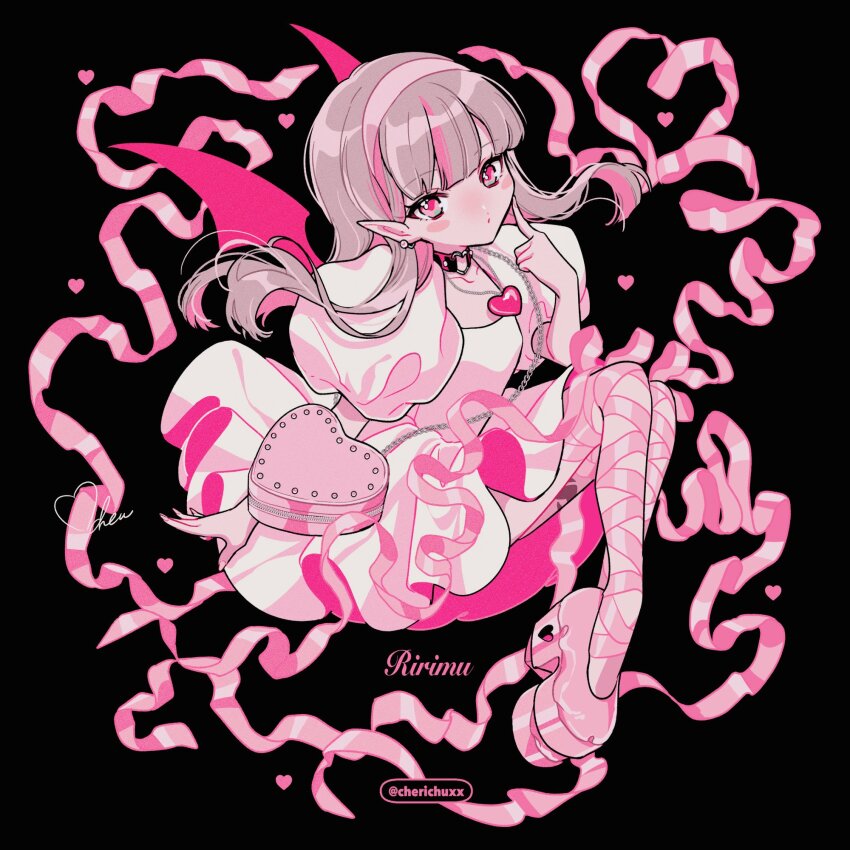 1girl bag black_background blunt_bangs blush_stickers character_name cherichuxx choker collarbone colored_inner_hair demon_wings dress earrings floating_hair full_body grey_hair hairband heart heart-shaped_bag heart_necklace heart_o-ring heart_ring_choker highres jewelry leg_ribbon leg_tattoo long_hair looking_at_viewer makaino_ririmu multicolored_hair necklace nijisanji o-ring o-ring_choker official_alternate_costume official_alternate_hairstyle pink_hair pink_hairband pink_ribbon pink_shoes platform_shoes pointy_ears puffy_short_sleeves puffy_sleeves red_eyes red_wings ribbon shoes short_sleeves shoulder_bag solo streaked_hair stud_earrings tattoo twitter_username virtual_youtuber white_dress wings