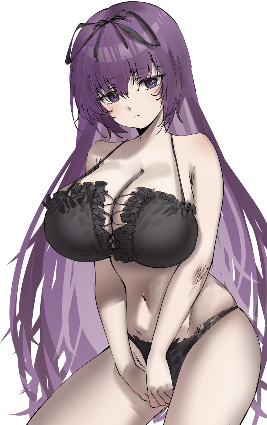 1girl :| bikini black_bikini black_ribbon breasts cleavage closed_mouth commentary dark_skin english_commentary hair_ribbon highres huge_breasts leaning_forward long_hair looking_at_viewer mazo_kunn murasaki_(senran_kagura) navel official_alternate_costume own_hands_together purple_eyes purple_hair ribbon senran_kagura sketch solo swimsuit very_long_hair white_background