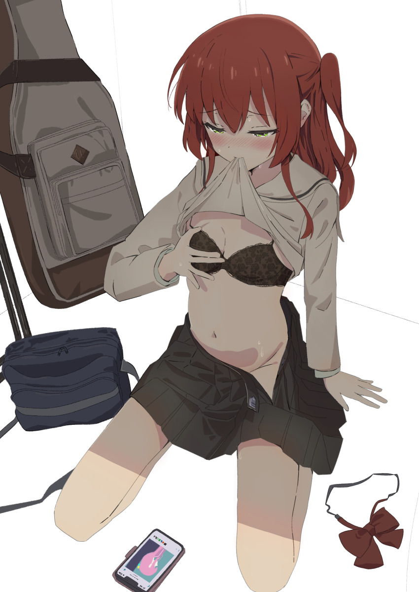 1girl absurdres aroused bag black_bra black_skirt blush bocchi_the_rock! bow bowtie bra breasts cellphone clothes_in_mouth clothes_lift commentary female_masturbation gotoh_hitori grabbing_own_breast guitar_case hair_between_eyes hands_on_feet highres implied_yuri instrument_case kita_ikuyo lace lace-trimmed_bra lace_trim long_sleeves looking_at_phone masturbation mouth_hold multicolored_hair no_panties one_side_up open_clothes open_skirt phone pleated_skirt red_hair school_bag shirt_in_mouth shirt_lift shoulder_bag sitting skirt smartphone solo speech_bubble sweat tsujiya_okuyasu underwear unworn_bowtie wariza yellow_eyes