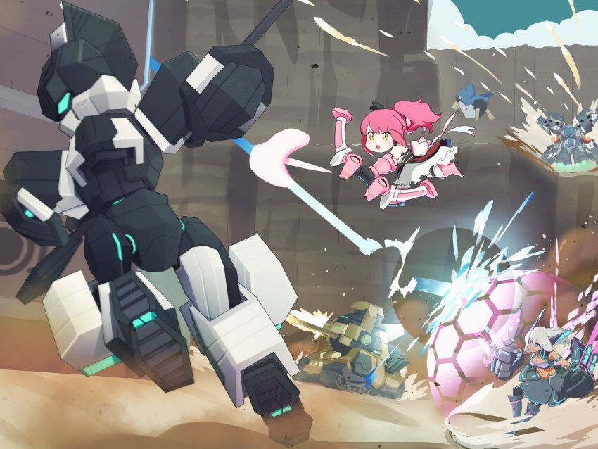 2girls cosmic_break highres kuhl long_hair looking_at_viewer mecha melfi missile missile_pod multiple_girls pepen pink_hair rakostep robot simple_background white_hair