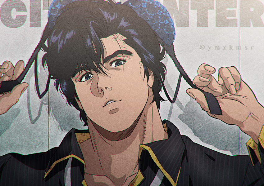 1boy absurdres against_wall black_bra black_hair black_shirt bra bra_on_head city_hunter collarbone collared_shirt copyright_name drop_shadow fingernails hair_between_eyes highres looking_at_viewer male_focus object_on_head parted_lips saeba_ryou shirt short_hair solo twitter_username underwear upper_body wall yuu_(masarunomori)