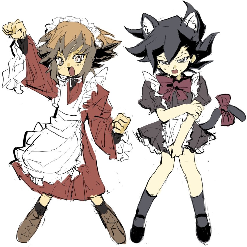 2boys animal_ears apron black_hair brown_eyes brown_hair cat_ears cat_tail crossdressing crossdressing_(mtf) dress embarrassed frilled_apron frilled_dress frills happy highres inferno_030 kemonomimi_mode maid maid_headdress male_focus male_maid manjoume_jun multiple_boys open_mouth short_hair sketch smile spiked_hair sweat tail yu-gi-oh! yu-gi-oh!_gx yuki_judai