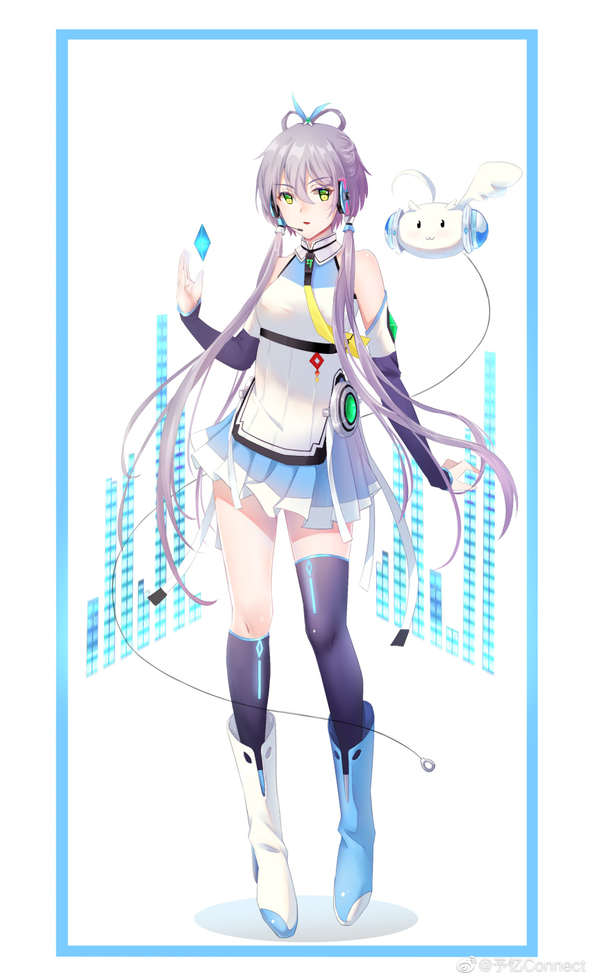 1girl absurdres asymmetrical_legwear bare_shoulders black_socks black_thighhighs blue_boots blue_border boots border chinese_commentary elbow_gloves fingerless_gloves full_body gloves green_eyes grey_hair hair_ornament hair_rings headset highres long_hair looking_at_viewer luo_tianyi luo_tianyi_v4 necktie pleated_skirt ribbon shirt shoes short_hair_with_long_locks skirt sleeveless sleeveless_shirt socks solo standing thighhighs tian_dian tiptoes twintails uneven_legwear vocaloid vsinger_(vocaloid) watermark weibo_username weibo_watermark white_boots white_ribbon yellow_necktie