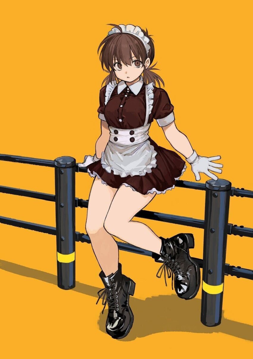 1girl alternate_costume apron brown_eyes brown_hair dress enmaided frilled_dress frills full_body gloves hairband highres ichigaya_sumire legs maid maid_headdress on_railing rai_rai_rai railing shiny_footwear short_hair solo thighs white_apron yellow_background yoshiaki_kei