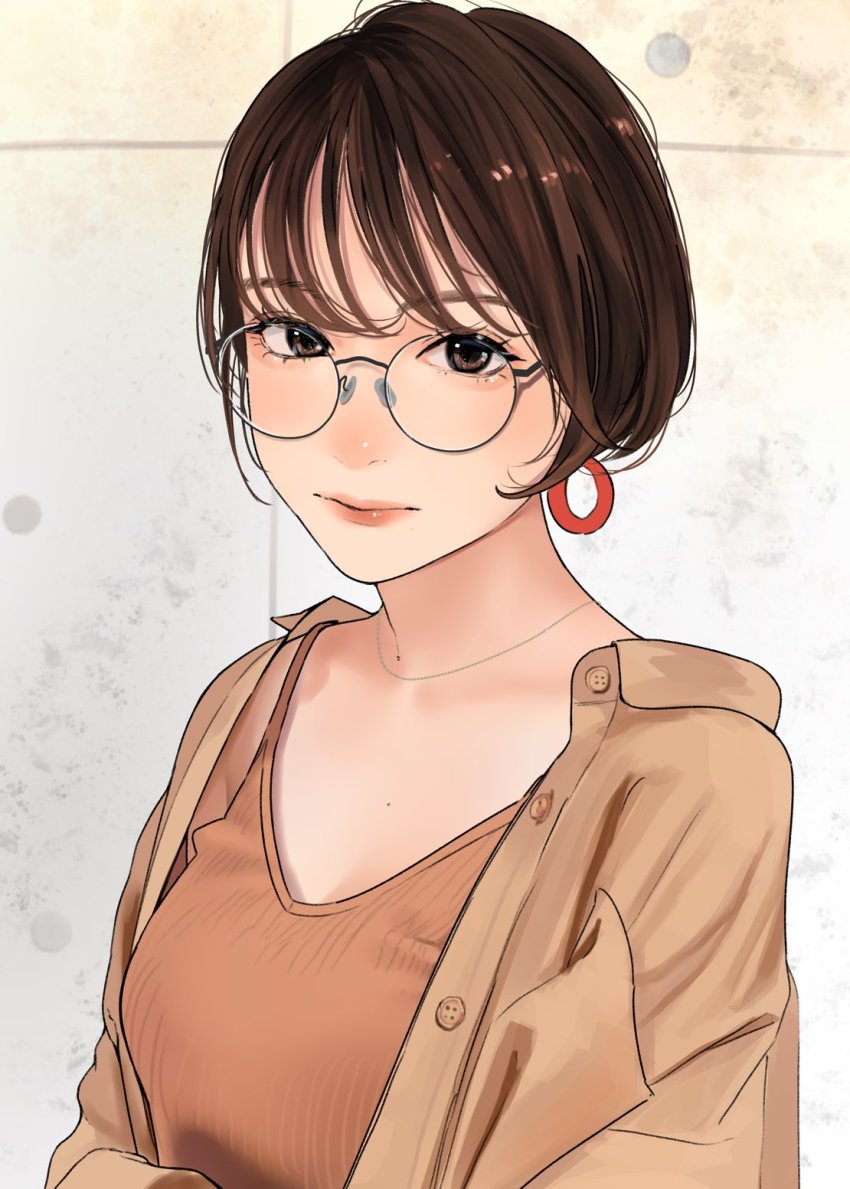 1girl breasts brown_eyes brown_hair brown_jacket brown_shirt closed_mouth collarbone earrings glasses highres hoop_earrings jacket jewelry lips lipstick long_sleeves looking_at_viewer makeup mole mole_on_breast mole_on_chest mole_under_eye necklace original round_eyewear saitou_(lynx-shrike) shirt short_hair solo