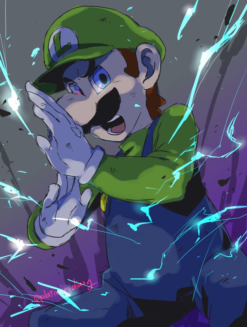1boy angry blouse blue_eyes blue_overalls brown_hair facial_hair fighting_stance gloves green_hat green_shirt hat highres lightning looking_at_viewer luigi luigi&#039;s_mansion male_focus mario_(series) md5_mismatch mustache nintendo open_mouth overalls platiniridium screaming shirt simple_background solo super_smash_bros. teeth