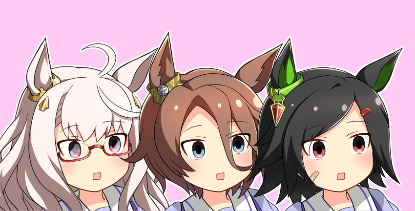3girls ahoge animal_ears bandaid bandaid_on_cheek bandaid_on_face biwa_hayahide_(umamusume) black_hair blue_eyes bnw_(umamusume) gomennasai_nanoda_(meme) grey_hair hair_between_eyes hair_ornament hairclip highres horse_ears horse_girl long_hair meme meso_(zgmf-xv) multiple_girls narita_taishin_(umamusume) pink_background purple_eyes purple_shirt red-framed_eyewear red_eyes sailor_collar sailor_shirt school_uniform semi-rimless_eyewear shirt short_hair simple_background swept_bangs tracen_school_uniform umamusume under-rim_eyewear winning_ticket_(umamusume)