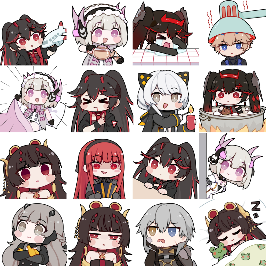 &gt;_&lt; 1boy 5girls :d :o animal_print bare_shoulders black_collar black_dress black_gloves black_hair black_hairband black_hoodie black_horns black_jacket black_shirt blood blood_from_mouth blue_eyes bow bowtie breasts bright_pupils brown_eyes brown_hair card chibi chibi_only chinese_commentary circle_facial_mark closed_eyes closed_mouth collar colored_inner_hair commentary_request crossed_arms crying cup detached_collar dress earrings empty_eyes euyueuy facial_mark frog_print frown gloves gradient_hair hair_between_eyes hair_ornament hairband hand_over_heart highres holding holding_card holding_cup holding_dynamite holding_matchstick holding_teapot holding_toy hood hood_down hoodie horn_hairband horns in_pot jacket jewelry karenina:_blast_(pgr) karenina_(pgr) lee:_palefire_(pgr) lee_(pgr) lifting_covers liv:_luminance_(pgr) liv:_lux_(pgr) liv_(pgr) long_hair long_sidelocks looking_at_object looking_at_viewer looking_down lucia:_dawn_(pgr) lucia:_plume_(eventide_glow)_(pgr) lucia:_plume_(pgr) lucia_(pgr) maid_headdress male_focus mark_under_both_eyes medium_breasts meme multicolored_hair multiple_girls nanami:_storm_(pgr) nanami_(pgr) necklace necktie official_alternate_costume official_art open_mouth orange_gloves orange_hair parted_lips partially_shaded_face peeking_out pillow pink_bow pink_bowtie pink_eyes punishing:_gray_raven red_eyes red_hair red_horns red_necktie seggs_(meme) shirt short_hair short_hair_with_long_locks sidelocks simple_background sleeping small_breasts small_horns smile solo_focus squinting strapless strapless_dress streaked_hair streaming_tears stuffed_animal stuffed_frog stuffed_toy teacup teapot tears toy toy_airplane twintails under_covers upper_body v-shaped_eyebrows vera:_rozen_(pgr) vera_(pgr) white_background white_dress white_hair white_pupils white_shirt x_hair_ornament zzz