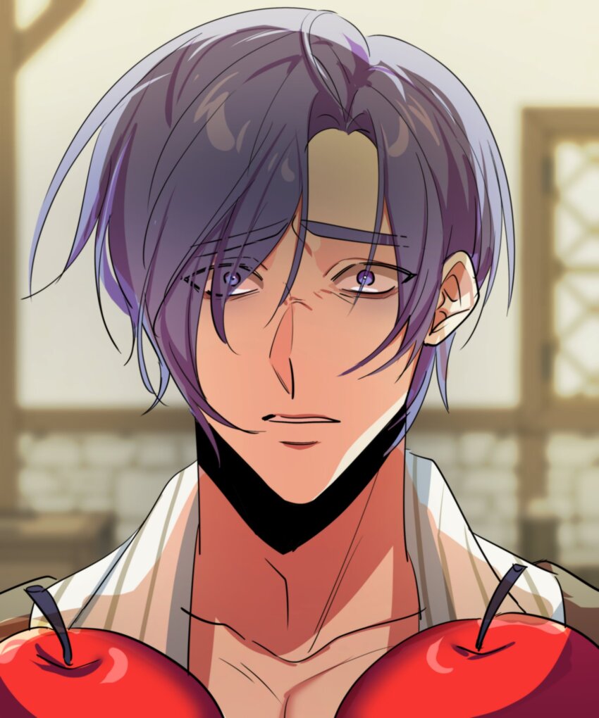 1boy adam_moonlit apple blue_eyes blue_hair collarbone constricted_pupils evillious_nendaiki eyes_visible_through_hair food fruit hair_over_one_eye highres indoors kaimiku_yummy kaito_(vocaloid) male_focus moonlit_bear_(vocaloid) open_collar parted_lips pectorals apple shirt solo striped_clothes striped_shirt surprised suspenders unbuttoned unbuttoned_shirt vocaloid wide-eyed window