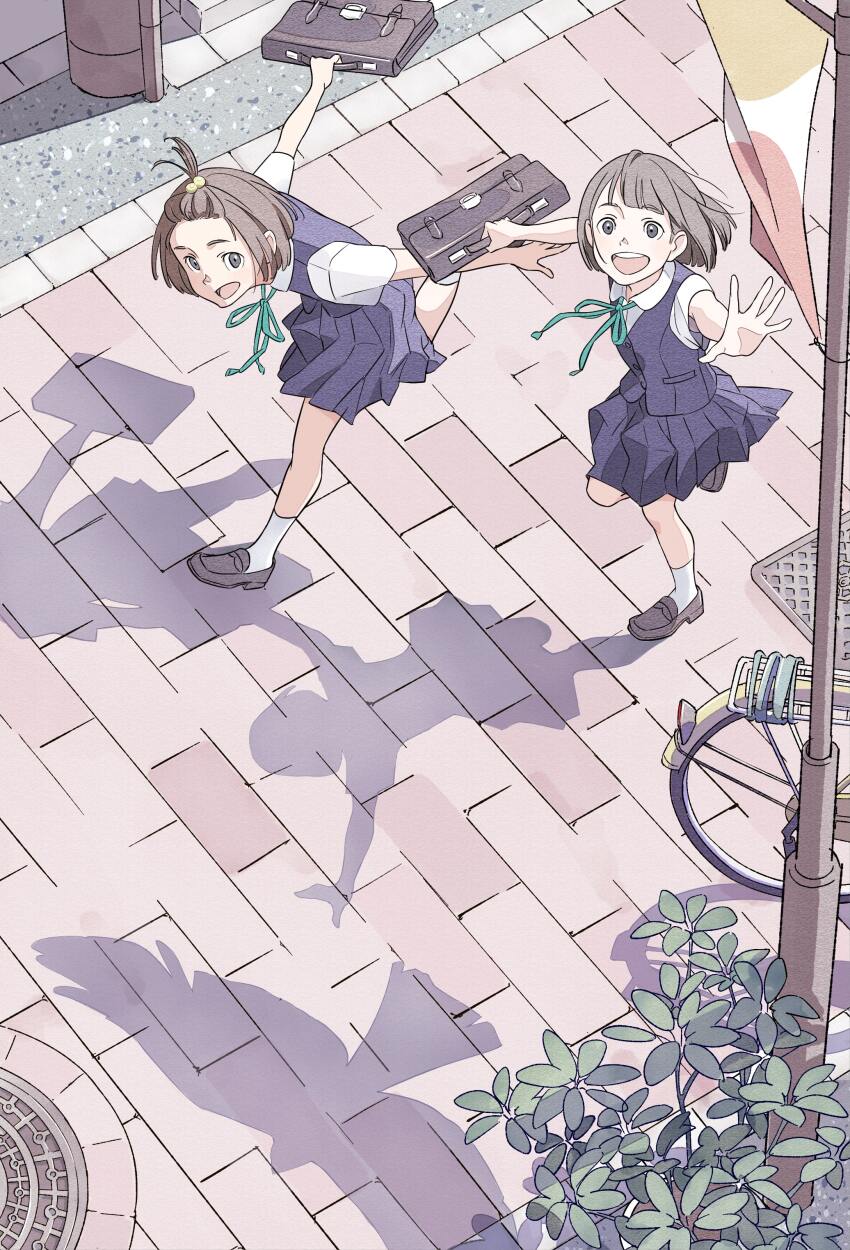 2girls absurdres bag bike_shorts blue_ribbon brown_hair green_ribbon hair_ornament hair_ribbon highres loafers morison multiple_girls neck_ribbon non-web_source open_mouth original outdoors outstretched_arms pleated_skirt ribbon school_bag school_uniform shirt shoes short_hair short_sleeves skirt smile vest white_shirt