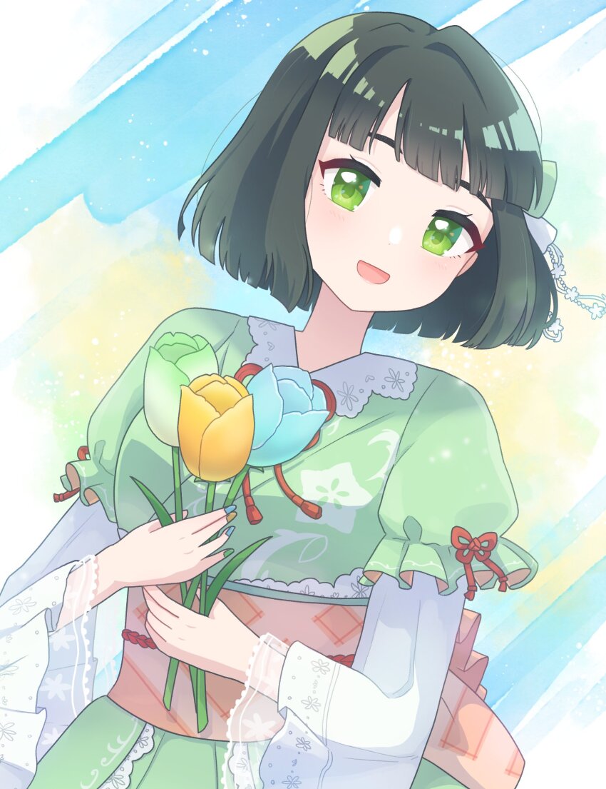 1girl :d aoku_haruka blue_background blue_flower blue_tulip blunt_bangs blunt_ends bow commentary flower green_bow green_eyes green_flower green_hair green_kimono hair_bow highres holding holding_flower japanese_clothes kimono layered_sleeves link!_like!_love_live! long_sleeves love_live! miyaco_(shirataki_168) momose_ginko obi official_alternate_costume open_mouth orange_sash puffy_short_sleeves puffy_sleeves sash short_hair short_over_long_sleeves short_sleeves smile solo split_mouth tulip upper_body virtual_youtuber white_sleeves yellow_background yellow_flower yellow_tulip