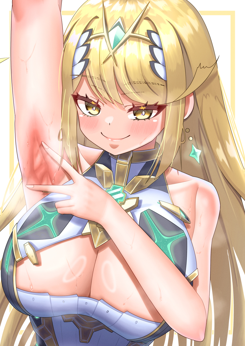 1girl absurdres arm_up armpit_focus armpits bare_shoulders blonde_hair blush breasts chest_jewel cleavage cleavage_cutout clothing_cutout commentary_request core_crystal_(xenoblade) dress earrings highres huge_breasts jewelry meipasuye mythra_(xenoblade) presenting_armpit simple_background smile solo spread_armpit tiara upper_body white_background white_dress xenoblade_chronicles_(series) xenoblade_chronicles_2 yellow_eyes