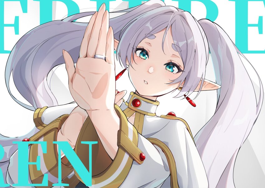 1girl capelet dress earrings elf frieren green_eyes highres jewelry long_hair pointy_ears solo sousou_no_frieren twintails white_capelet white_hair yami_anko