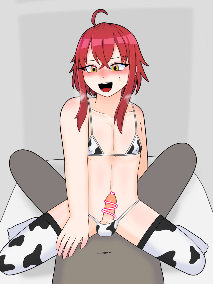 2boys absurdres anal animal_print bikini blush boy_on_top cow_print cow_print_bikini dark-skinned_male dark_skin grimms_notes hahn_(grimms_notes) highres indoors male_focus multiple_boys on_bed open_mouth print_bikini red_hair sex silver_sor swimsuit trap yaoi yellow_eyes