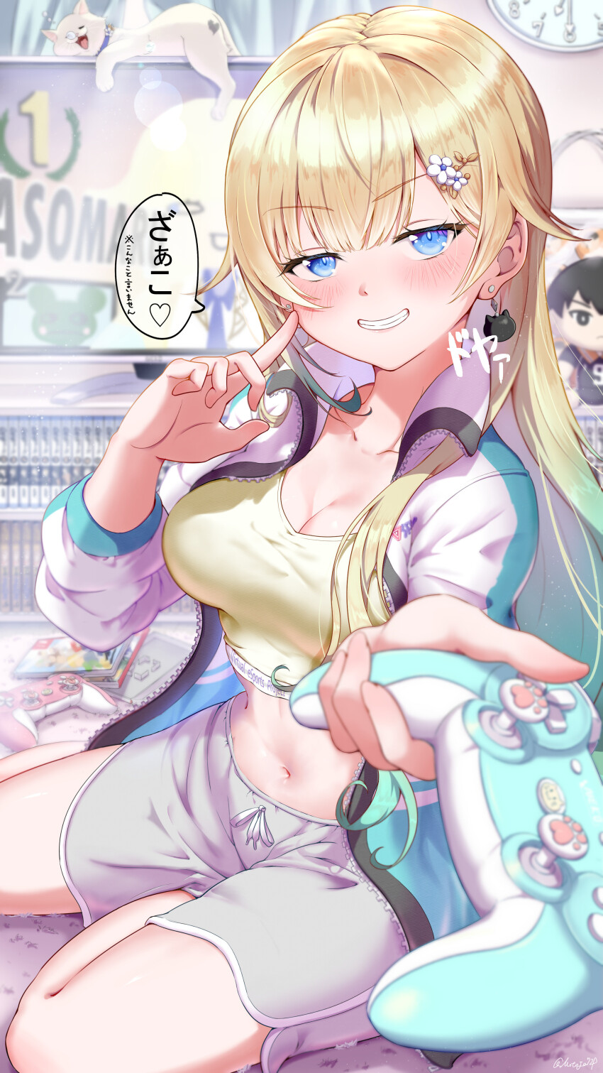 1girl absurdres aizawa_ema blonde_hair blue_eyes blunt_bangs blush breasts casual cat cat_earrings cleavage clock clothes_writing controller copyright_name crop_top earrings finger_to_cheek flower foreshortening game_controller gradient_hair green_hair grin hair_flaps hair_flower hair_ornament hairclip highres index_finger_raised jacket large_breasts long_hair motoja_72p multicolored_hair navel open_clothes open_jacket pink_shorts shorts sitting smile solo speech_bubble stomach tank_top television virtual_youtuber vspo! wall_clock yellow_tank_top zipper