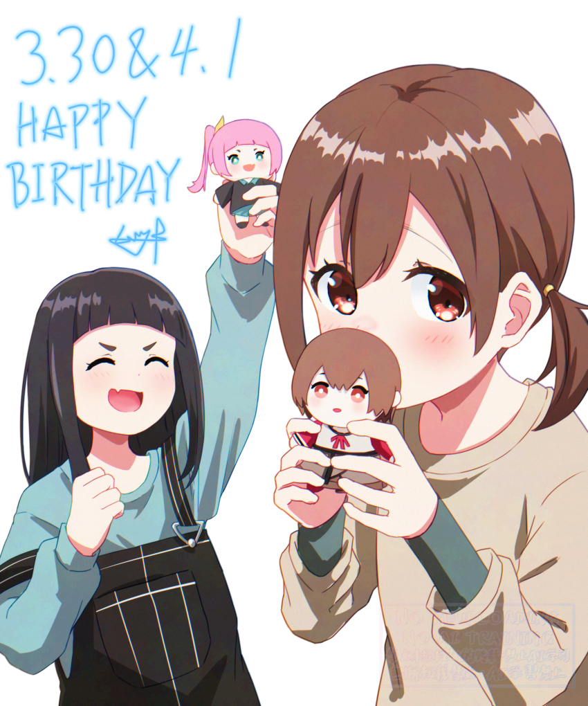 2girls absurdres aged_down black_hair black_overalls blue_sweater blush brown_hair brown_sweater character_doll closed_eyes commentary dated english_commentary fang hair_between_eyes happy_birthday highres kouzuki_mahiru long_hair looking_at_viewer multiple_girls mutsuki_(mutsuki0110) open_mouth overalls red_eyes short_hair sidelocks signature simple_background skin_fang strap_slip sweater watase_kiui white_background yoru_no_kurage_wa_oyogenai