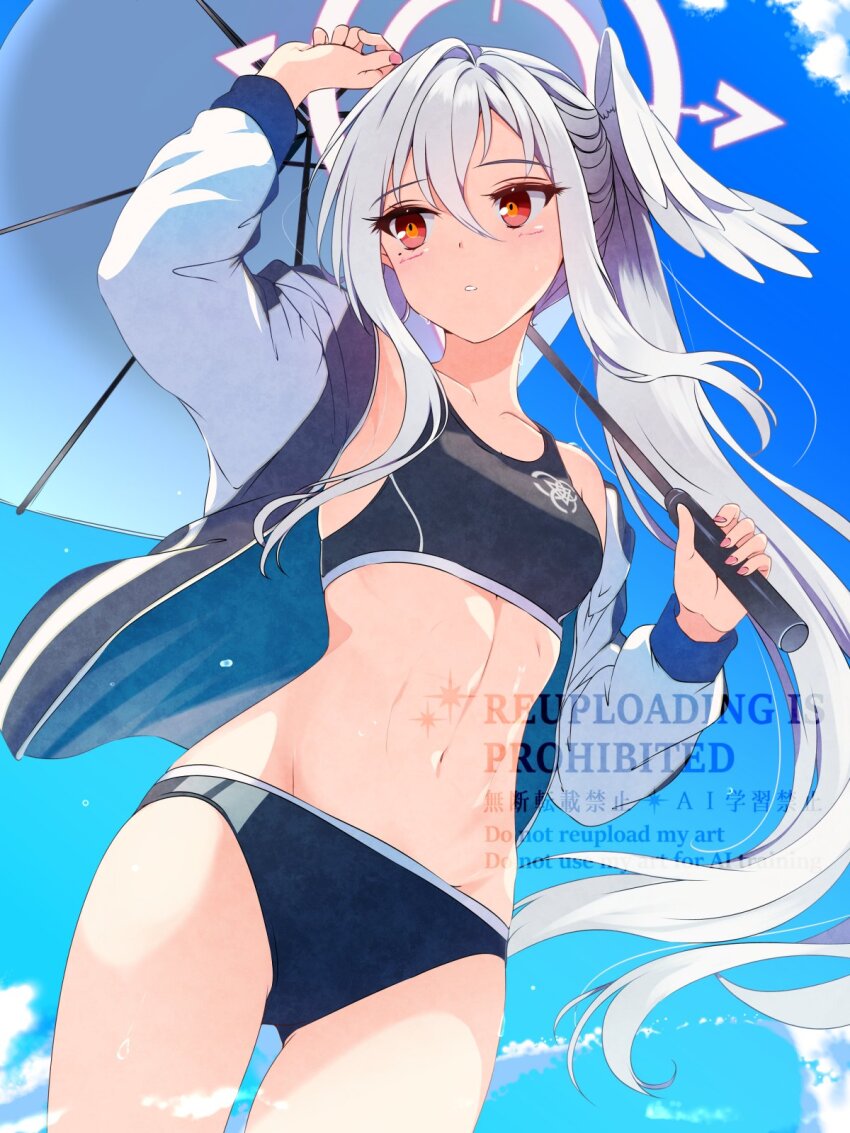 1girl bikini black_bikini blue_archive blue_sky breasts cloud cowboy_shot facing_viewer furisuku_(gerbera) gluteal_fold hair_between_eyes halo head_wings highres holding holding_umbrella jacket linea_alba long_hair looking_to_the_side open_clothes open_jacket parted_lips pink_nails red_eyes side_ponytail single_head_wing sky small_breasts solo sports_bikini standing suzumi_(blue_archive) swimsuit umbrella very_long_hair watermark white_hair white_halo white_jacket wings