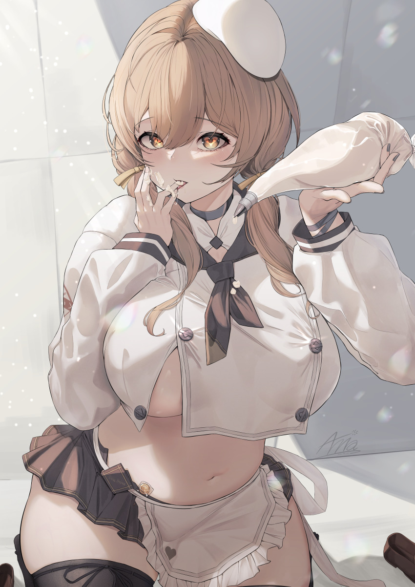 1girl absurdres annasui_factory apron artist_name bag beret black_neckerchief black_thighhighs bready_(nikke) breasts brown_eyes brown_hair brown_ribbon candy candy_wrapper choker cowboy_shot cream cream_on_face crop_top crop_top_overhang cropped_shirt double-parted_bangs english_text food food_on_face goddess_of_victory:_nikke grey_choker grey_nails grey_skirt hair_over_shoulder hair_ribbon hands_up hat heart heart_in_eye highres holding holding_bag large_breasts licking licking_finger light_blush long_bangs long_hair long_sleeves looking_at_viewer low_twintails microskirt nail_polish navel neckerchief no_bra partially_unbuttoned pastry_bag pleated_skirt plump ribbon saliva saliva_trail sexually_suggestive shirt signature skirt solo stomach symbol_in_eye thighhighs tongue tongue_out twintails variant_set waist_apron white_apron white_hat white_shirt wristband zettai_ryouiki