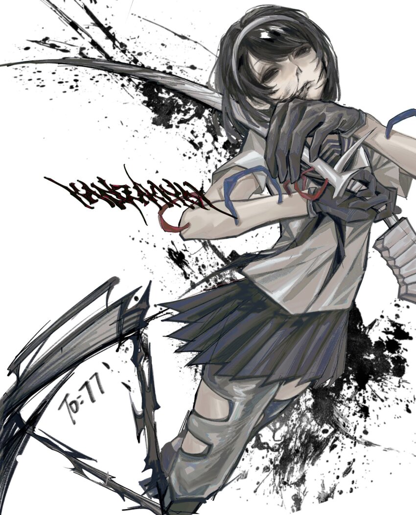 1girl aynm010330 black_blood black_hair black_skirt blood borrowed_character empty_eyes hairband highres large_hands leg_blade monster_girl original pale_skin pleated_skirt school_uniform short_hair skirt solo white_background white_hairband
