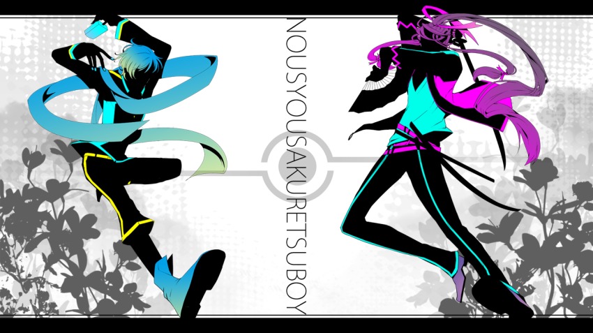 2boys blue_hair blue_nails flower folding_fan food gradient_hair hand_fan high_ponytail ice_cream jacket kaito_(vocaloid) kamui_gakupo letterboxed long_hair male_focus multicolored_hair multiple_boys nail_polish noushou_sakuretsu_girl_(vocaloid) open_clothes open_jacket ponytail purple_hair qen-san scarf sheath silhouette song_name unsheathed vocaloid