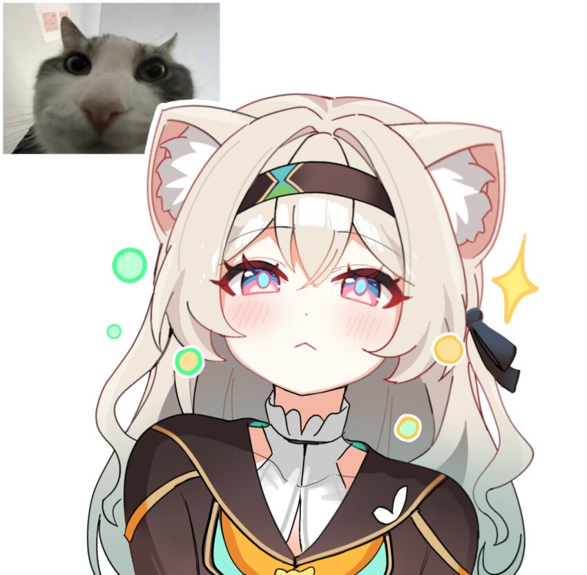 1girl :&lt; animal_ears black_ribbon blush brown_hairband brown_jacket cat_ears closed_mouth collared_shirt commentary devl_ga_aru firefly_(honkai:_star_rail) gradient_hair green_pupils hair_between_eyes hair_intakes hair_ornament hair_ribbon hairband highres honkai:_star_rail honkai_(series) jacket long_hair multicolored_eyes multicolored_hair ribbon shirt simple_background solo sparkle star_(symbol) symbol-only_commentary white_background white_shirt