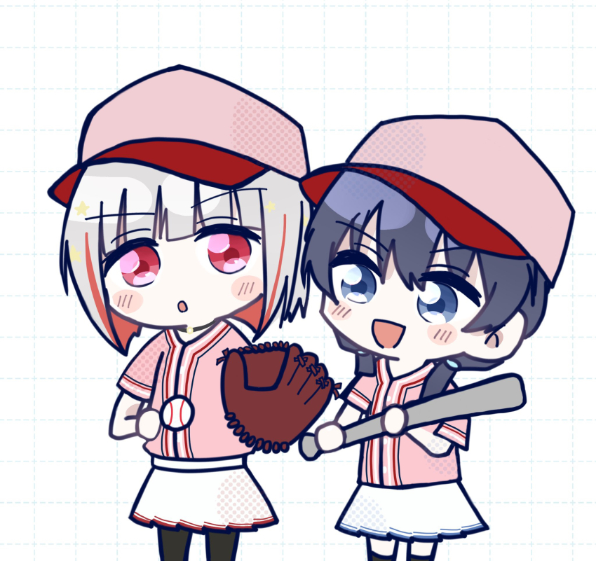 2girls :d :o ball baseball_(object) baseball_bat baseball_cap baseball_glove baseball_jersey black_pantyhose black_socks bob_cut chibi chibi_only colored_inner_hair commentary_request cowboy_shot diagonal_bangs dollchestra dotted_line grey_hair grid_background hair_ornament hat highres holding holding_ball holding_baseball_bat inverted_bob jersey link!_like!_love_live! looking_at_another love_live! love_live!_series_presents_unit_koshien_2024 magu_(cv_mgmgcup) miniskirt multicolored_hair multiple_girls murano_sayaka open_mouth pantyhose pink_hat pink_shirt pleated_skirt red_eyes red_hair shirt short_hair skirt smile socks star_(symbol) star_hair_ornament streaked_hair virtual_youtuber white_background white_skirt yugiri_tsuzuri