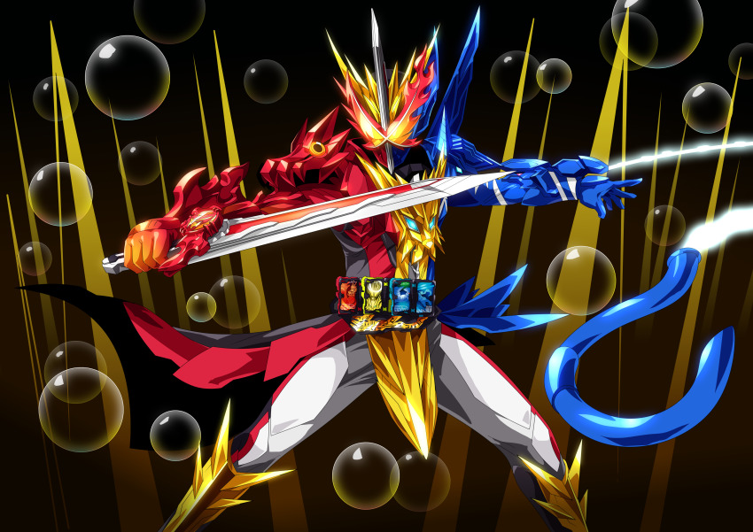 1boy absurdres armor asymmetrical_armor asymmetrical_gloves blue_armor blue_eyes blue_gloves brave_dragon contrapposto dragon dragon_hedgehog_peter dragon_horns fire gloves glowing glowing_eyes hedgehog helmet highres holding holding_sword holding_weapon hook horns kaenken_rekka kamen_rider kamen_rider_saber kamen_rider_saber_(series) knight male_focus mismatched_gloves needle_hedgehog otokamu peter_fantasia red_armor red_gloves rider_belt solo sword tokusatsu weapon wonder_ride_book