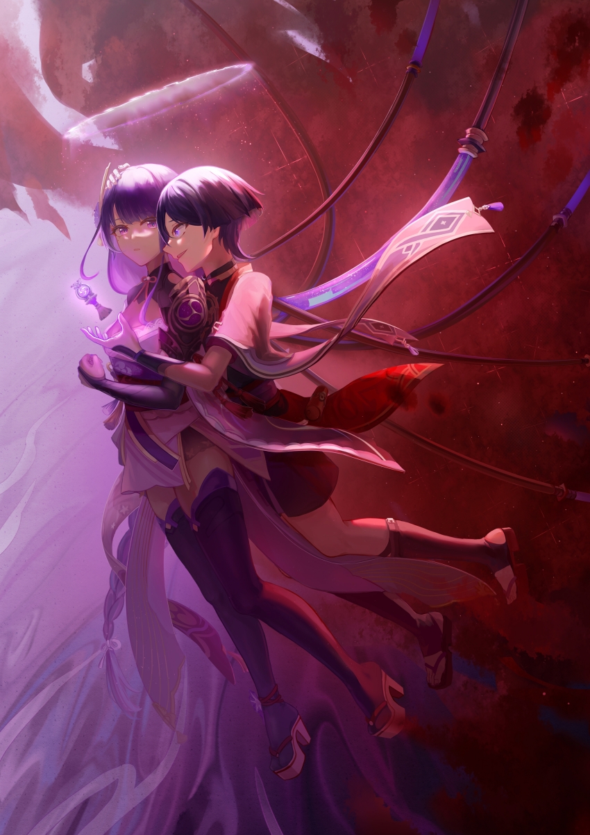 1boy 1girl absurdres armor black_thighhighs blue_eyes blue_pupils blunt_bangs braid bridal_gauntlets cable chinese_commentary clothing_cutout couple evil_smile eyeliner fan8115933 floating from_side full_body genshin_impact glowing glowing_eyes gnosis_(genshin_impact) gradient_hair hair_between_eyes hair_ornament hand_on_another&#039;s_head hetero highres hug hug_from_behind incest japanese_clothes jewelry kimono lingerie long_braid long_hair looking_at_another looking_to_the_side looking_up makeup mole mole_under_eye mother_and_son multicolored_eyes multicolored_hair neck_ribbon off_shoulder open_mouth pendant portal_(object) purple_eyes purple_kimono raiden_shogun red_background red_eyeliner red_ribbon red_sash ribbon sash scaramouche_(genshin_impact) shade short_hair short_sleeves shorts shoulder_armor shoulder_cutout single_braid smile thighhighs toes underwear wide_sleeves wire