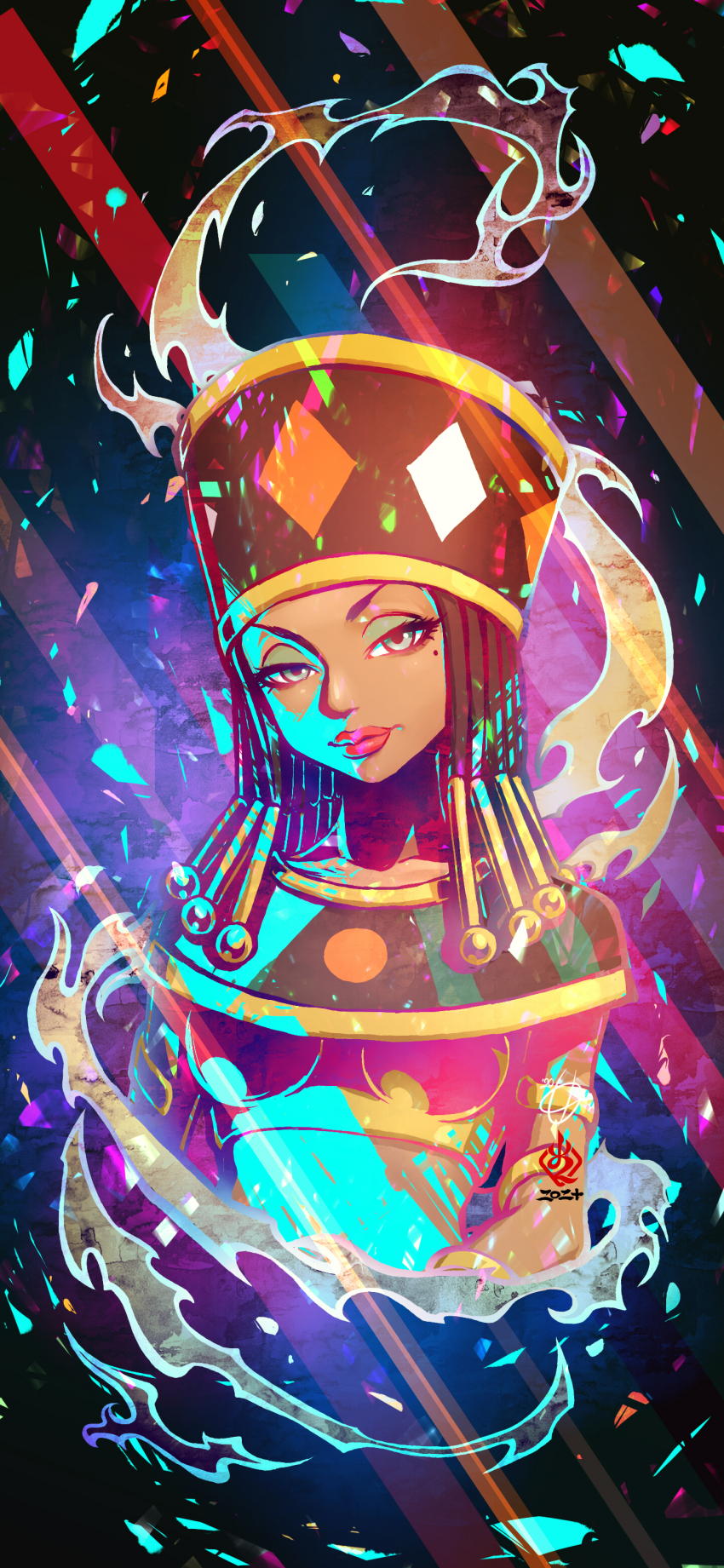 1girl absurdres ancient_egyptian_hat black_hair breasts commentary_request crop_top dark-skinned_female dark_skin dragon_ball dragon_ball_super dreadlocks eyeshadow gold_armlet green_eyeshadow hair_bobbles hair_ornament heles_(dragon_ball) highres kanchiyo looking_at_viewer makeup medium_breasts mole mole_under_eye red_lips signature solo upper_body usekh_collar