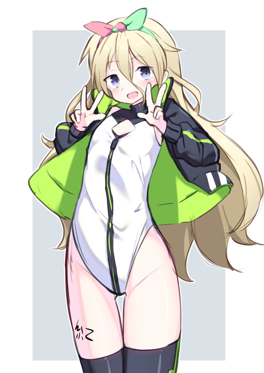1girl absurdres alice_gear_aegis ben1shoga black_jacket black_thighhighs blonde_hair blue_eyes border circle_cutout cleavage_cutout clothing_cutout companion/af covered_collarbone flat_chest front_zipper full-length_zipper grey_background hair_between_eyes hair_ribbon heattech_leotard highleg highleg_leotard highres jacket leotard long_hair looking_at_viewer miyaminami_hikari multicolored_leotard multicolored_ribbon outside_border race_queen ribbon sleeveless_turtleneck_leotard solo thighhighs turtleneck two-tone_background two-tone_leotard white_border white_leotard zipper zipper_leotard zipper_pull_tab