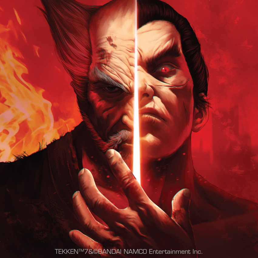 bald black_eyes black_hair closed_mouth copyright_name dxsinfinite highres mishima_heihachi mishima_kazuya multiple_boys namco non-web_source official_art portrait record red_background red_eyes scar scar_on_face tekken tekken_7 thick_eyebrows topless_male