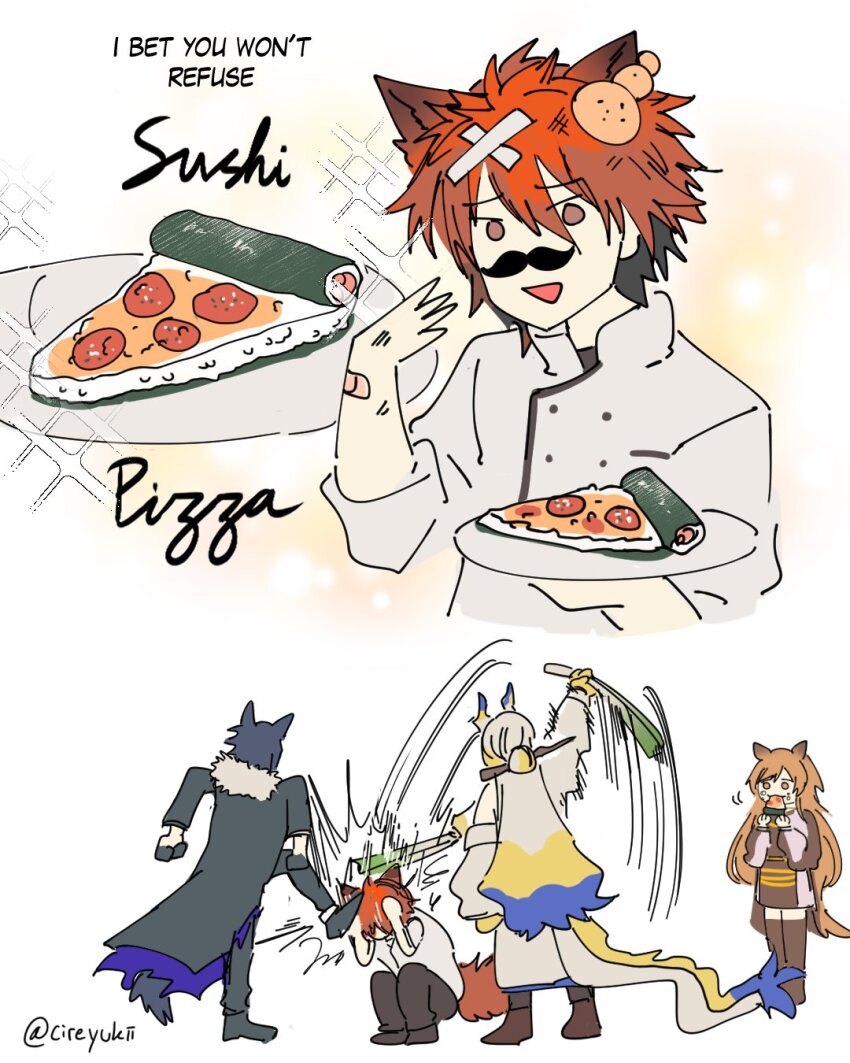 2boys 2girls animal_ears arknights beating black_hair blonde_hair blue_hair ceobe_(arknights) chiave_(arknights) english_text fake_facial_hair fake_mustache food grey_hair highres holding holding_plate multicolored_hair multiple_boys multiple_girls open_mouth pepperoni pizza plate red_hair rice short_hair shu_(arknights) spring_onion streaked_hair tail vigil_(arknights) wolf_boy wolf_ears wolf_tail yukii