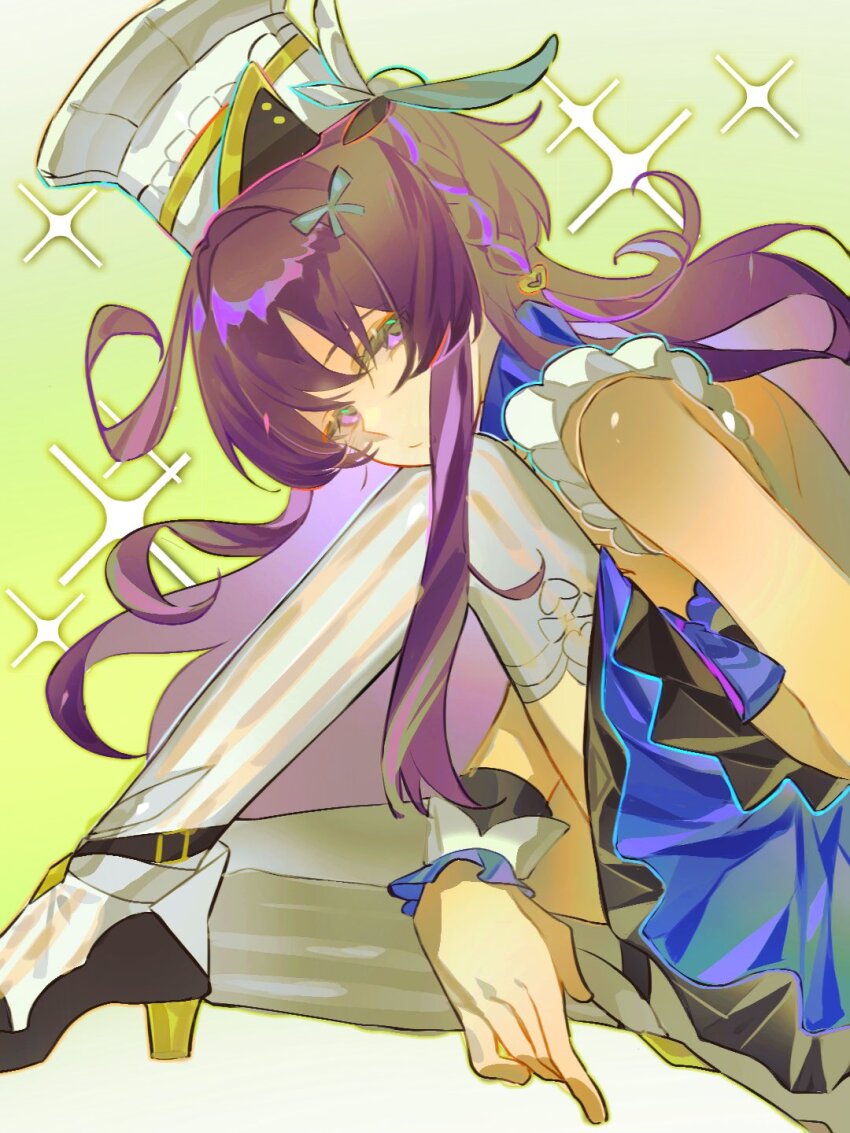 1boy a_maya_xxx alternate_hair_length alternate_hairstyle between_legs black_skirt blue_ribbon blue_skirt braid chef_hat colored_inner_hair cosplay cowlick crossdressing escoffier_(genshin_impact) escoffier_(genshin_impact)_(cosplay) eyelashes eyeliner eyeshadow frilled_sleeves frills genshin_impact hair_intakes hair_ornament hair_ribbon hand_between_legs hat head_down heart heart_hair_ornament high_heels highres knee_up layered_skirt long_hair long_sidelocks looking_at_viewer makeup male_focus multicolored_hair purple_eyes red_eyeliner red_eyeshadow ribbon scaramouche_(genshin_impact) shoes short_sleeves side_braid sidelocks single_braid single_sidelock skirt solo streaked_hair striped_clothes striped_thighhighs thighhighs toque_blanche trap tsurime white_hat white_shoes white_sleeves white_thighhighs wispy_bangs