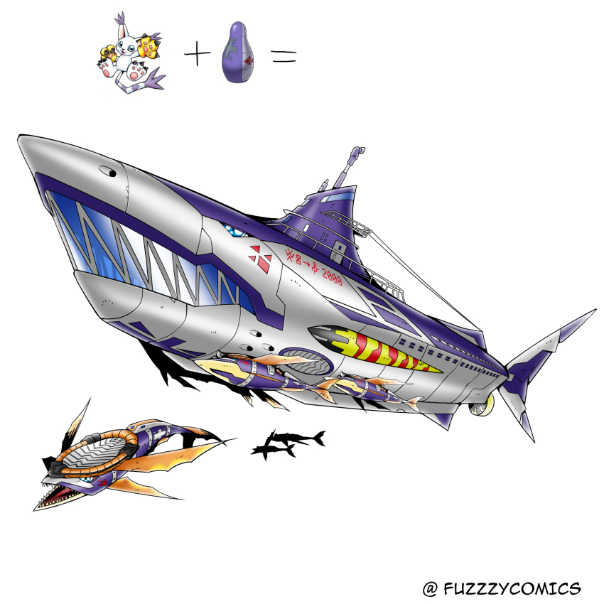 blue_eyes crests_(digimon) digimental digimental_of_sincerity digimon digimon_(creature) fuzzzycomics highres oridigi original patamon remora shark submarine tailmon twitter_username watercraft