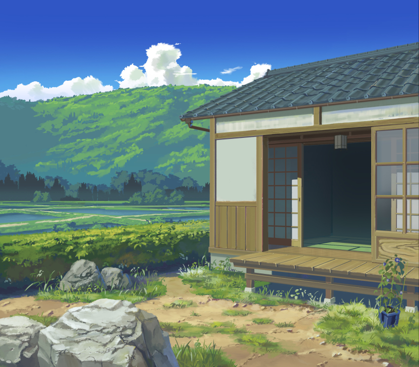 absurdres blue_sky building cloud cumulonimbus_cloud day gingham_vest grass highres landscape mountainous_horizon no_humans original outdoors plant porch potted_plant rice_paddy rock rural scenery sky sliding_doors summer