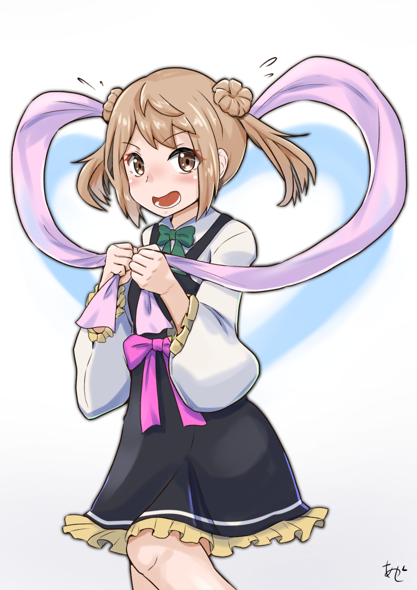 adapted_costume akashieru black_dress bow bowtie brown_eyes collared_shirt cosplay cowboy_shot double_bun dress dress_shirt flying_sweatdrops frilled_dress frills green_bow green_bowtie hair_bun heart highres kantai_collection light_brown_hair medium_hair michishio_(kancolle) one-hour_drawing_challenge open_mouth orihime_(tanabata) orihime_(tanabata)_(cosplay) purple_shawl shawl shirt tanabata white_shirt