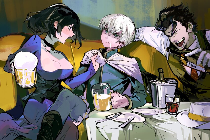 1girl 2boys absurdres alcohol beer_mug black_choker black_hair blush bottle breasts choker cleavage closed_eyes clothes_grab clothes_pull collarbone cup dress drooling drunk ghooost gloves hair_slicked_back hashtag-only_commentary highres holding holding_bottle ice_bucket laughing long_sleeves medium_breasts mouth_drool mug multiple_boys octopath_traveler octopath_traveler_ii open_mouth partitio_yellowil plate pouring profile shaded_face shirt short_hair sitting smile table tablecloth temenos_mistral throne_anguis vest white_hair