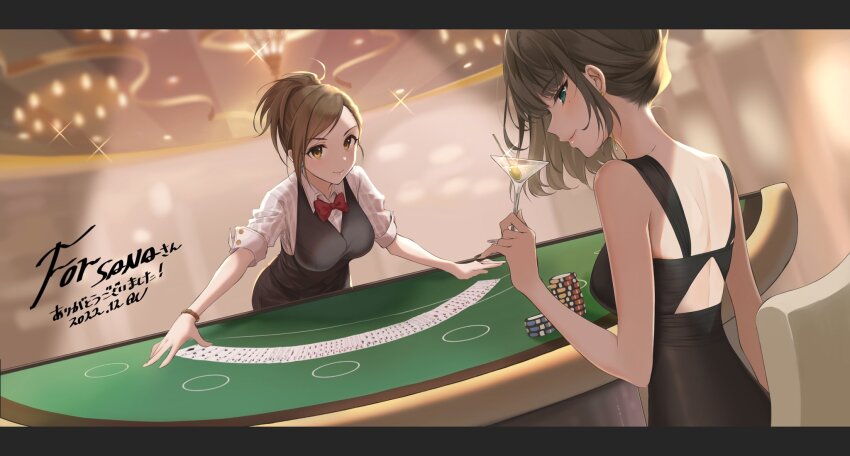 2girls back black_dress blouse bow bowtie breasts card casino cocktail_dress commentary_request dress formal_clothes gambling heterochromia highres hyodo_rena idolmaster idolmaster_cinderella_girls large_breasts mole mole_under_eye multiple_girls playing_card poker ponytail q-v_(levia) shirt small_breasts suit takagaki_kaede