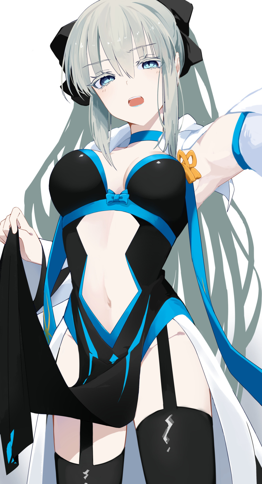 1girl absurdres armpits arms_up black_bow black_dress blue_eyes blue_lips bow braid breasts clothing_cutout dress faerie_knights_(fate) fate/grand_order fate_(series) grey_hair hair_between_eyes half_up_braid highres long_hair looking_at_viewer ma_ple morgan_le_fay_(fate) morgan_le_fay_(second_ascension)_(fate) open_mouth ponytail presenting_armpit simple_background solo suspender_pantyhose two-tone_dress very_long_hair white_background