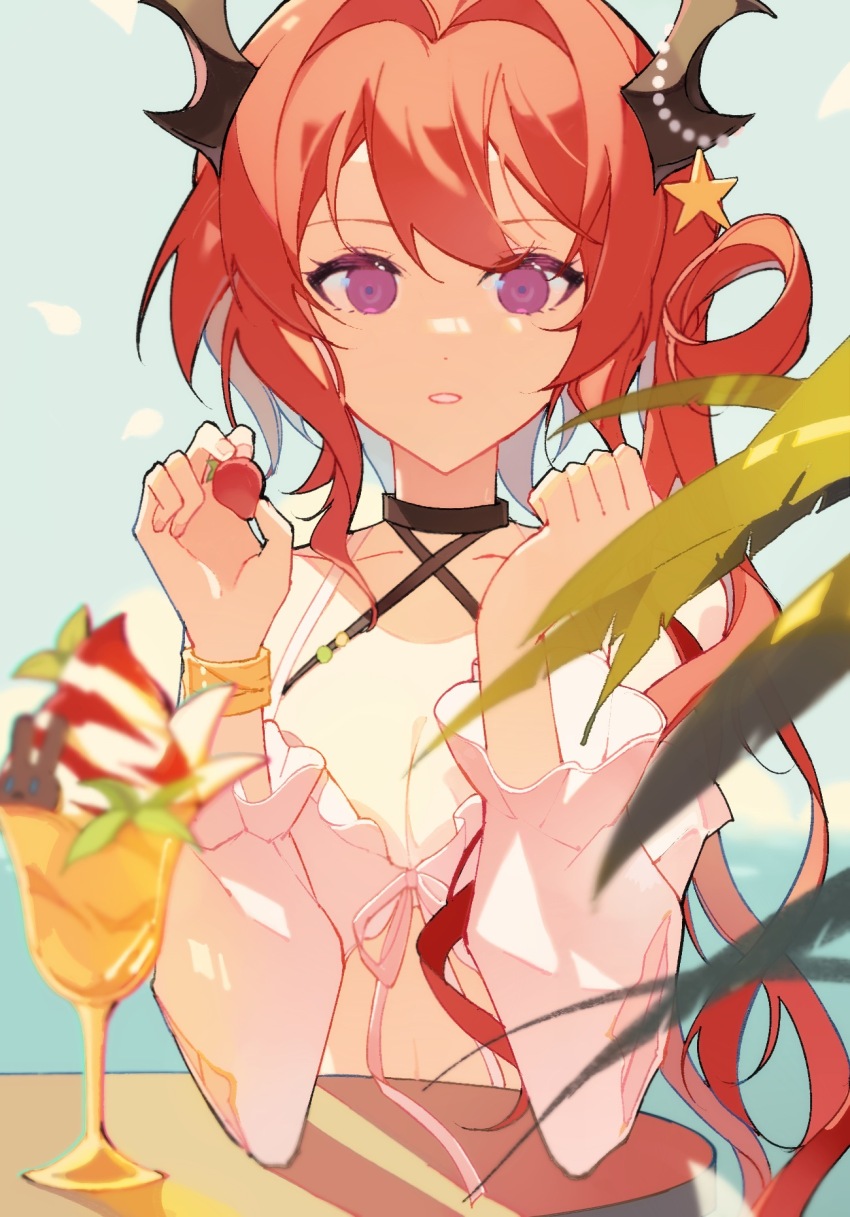 1girl arknights bikini black_horns bracelet chinese_commentary commentary_request day dot_nose food hair_intakes hair_ornament hair_rings highres holding holding_food horns jewelry long_hair long_sleeves loning_(loning19920894) looking_at_viewer official_alternate_costume parted_lips pink_eyes red_hair solo star_(symbol) star_hair_ornament sunlight surtr_(arknights) surtr_(colorful_wonderland)_(arknights) swimsuit swimsuit_cover-up upper_body white_bikini