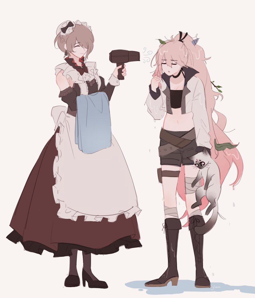 2girls absurdres animal apron bandaged_leg bandages bare_shoulders black_dress black_shorts blonde_hair breasts brown_hair cat cleavage closed_eyes collar cropped_jacket detached_sleeves dress durandal_(honkai_impact) frilled_apron frilled_collar frills full_body hair_between_eyes hair_dryer hair_over_one_eye highres holding holding_animal holding_cat holding_hair_dryer holding_towel honkai_(series) honkai_impact_3rd jacket leaf long_hair maid maid_apron maid_headdress maple_leaf messy_hair midriff mole mole_under_eye multiple_girls ponytail rita_rossweisse scene_reference short_hair shorts smile stan_(honkai_impact) standing strapless towel tube_top very_long_hair waist_apron wet wet_clothes white_jacket wife_and_wife ylceon