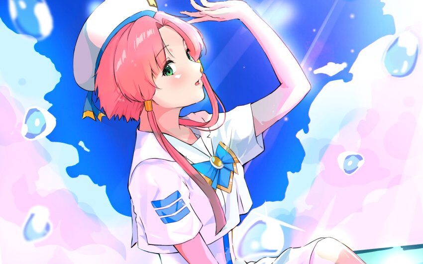 1girl andanden aria_(manga) aria_company_uniform arm_up beret blue_bow blue_bowtie blue_sky bow bowtie cloud cloudy_sky day dress eyelashes gold_trim green_eyes hair_tubes hat hat_ribbon highres looking_at_viewer mizunashi_akari open_mouth outdoors parted_bangs pink_hair ribbon sailor_collar short_hair_with_long_locks short_sleeves sidelocks sitting sky solo splashing sunlight upper_body white_dress white_hat