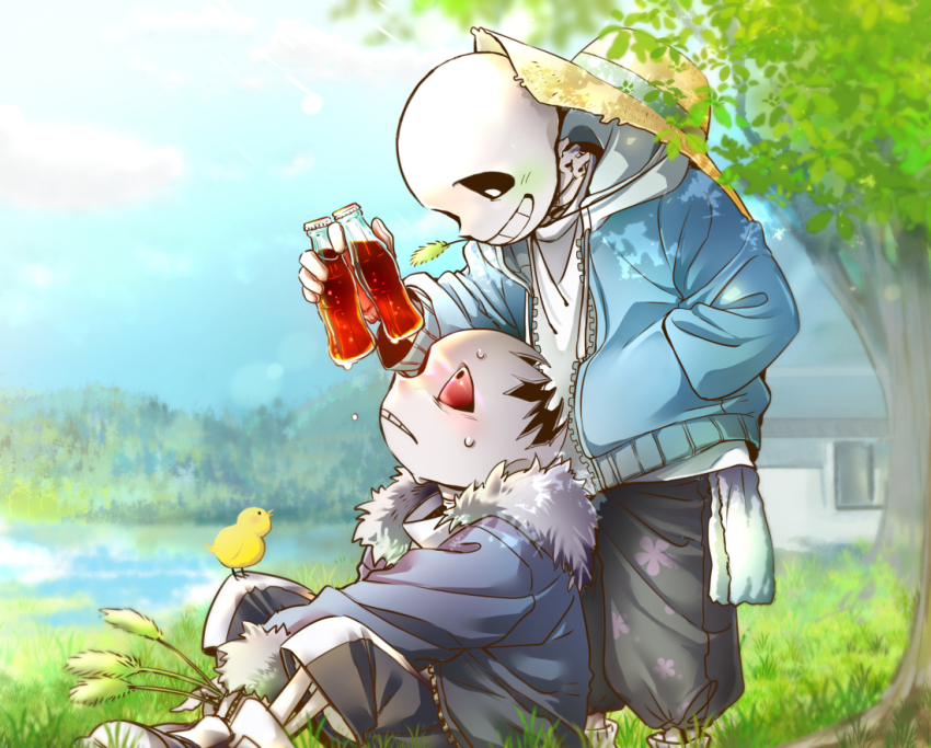 2boys ahin_vpv bird black_sclera blue_jacket bottle colored_sclera dual_persona grin hat holding holding_bottle hood hoodie jacket looking_down looking_up male_focus multiple_boys red_eyes sans_(undertale) sitting skeleton smile straw_hat sweat teeth tree undertale white_eyes