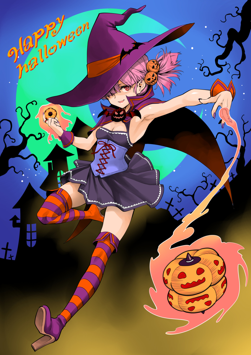 1girl boots cape chousoku_spinner circle_skirt dress full_body halloween hashiguchi_takashi hat highres open_mouth original pink_hair red_eyes short_hair skirt witch witch_hat yo-yo