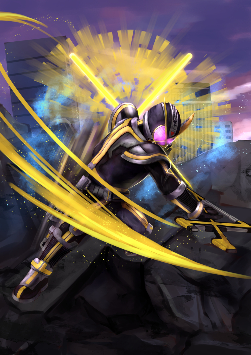 1boy armor belt black_footwear bodysuit city cityscape commentary_request glowing glowing_eyes helmet highres holding holding_weapon kaixa_blaygun kamen_rider kamen_rider_555 kamen_rider_kaixa male_focus neon_trim reverse_grip solo sword tokusatsu tsubasansan weapon
