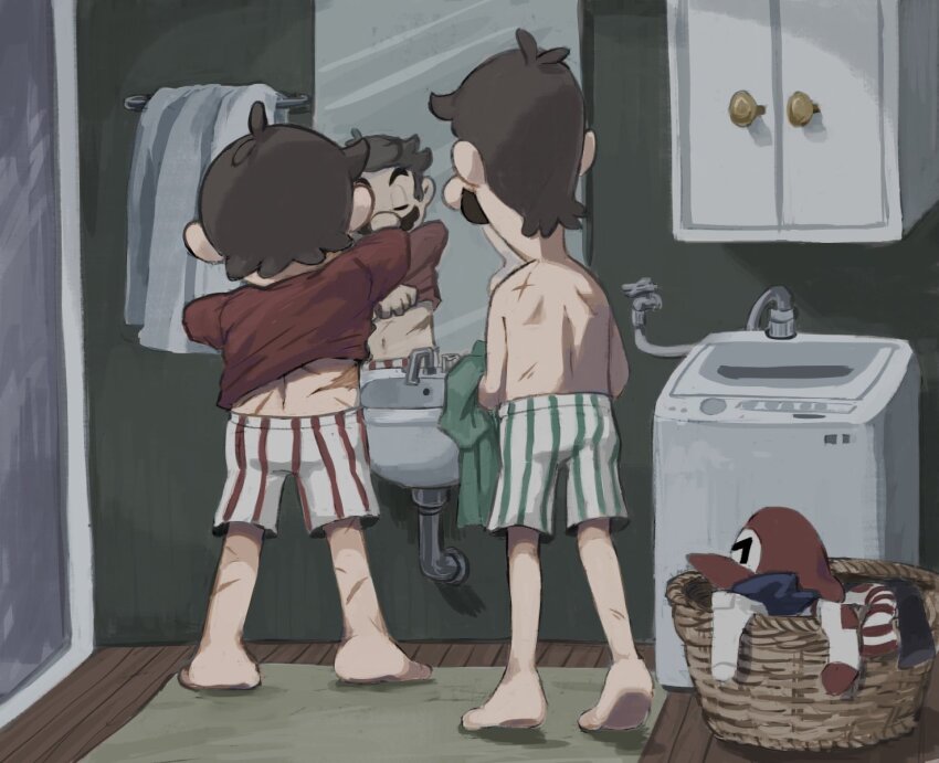 2boys ass boxers brothers brown_hair closed_eyes commentary dressing facial_hair hat highres holding_shirt holding_unworn_clothes laundry laundry_basket luigi male_underwear mario mario_&amp;_luigi_rpg mario_(series) multiple_boys mustache nintendo scar scar_on_back scar_on_leg shirt siblings symbol-only_commentary top-load_washing_machine topless_male towel underwear unworn_hat unworn_headwear unworn_shirt washing_machine ya_mari_6363